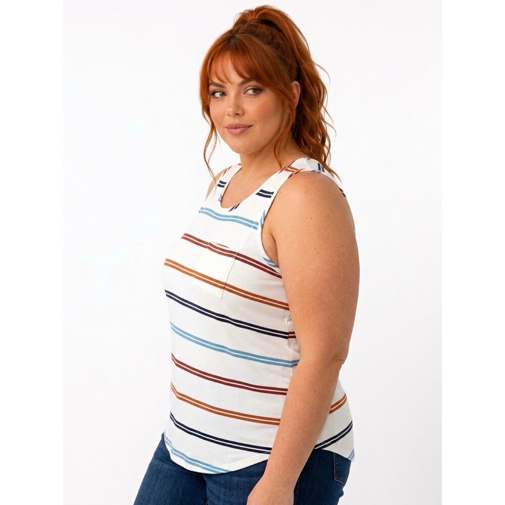 Market & Spruce Striped Pocket Tank Top Women's M Round Neck Sleeveless Knit